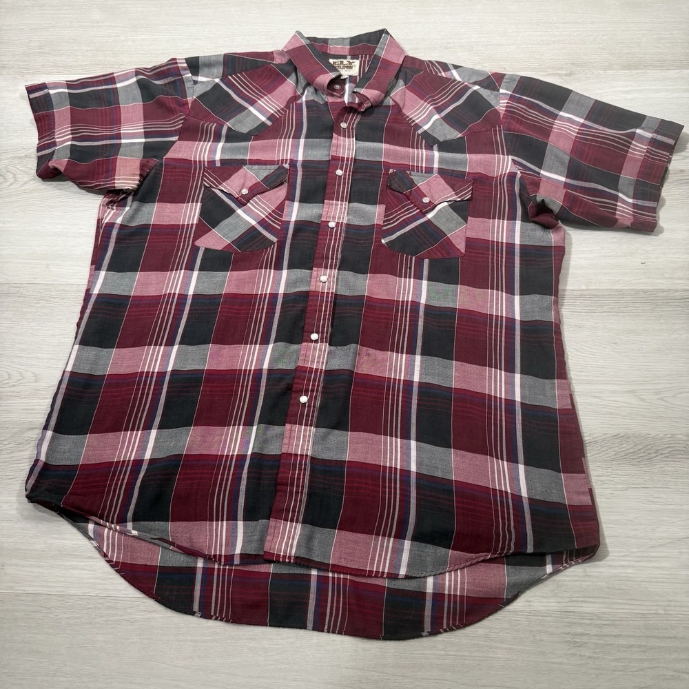 Ely Cattleman Plaid Western Button-Up Shirt Men's L Short Sleeve
